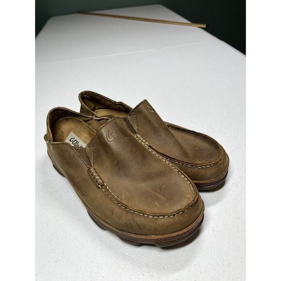 Olukai Men's Moloa Waxed Leather Slip On Loafer Shoes Brown Size 8.5 - Picture 2 of 7
